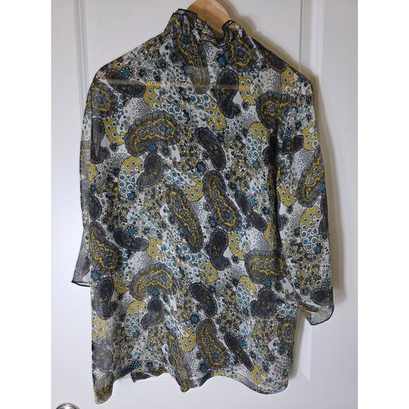 ST. HELENA Blue Yellow Floral Paisley 3/4 Sleeve Ruffle Neck Semi Sheer SZ L - Picture 2 of 9